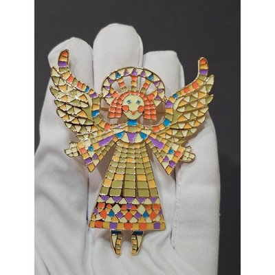 Angel Fairy Brooch Pin Green Enamel Stained Glass Mosaic Style Gold Tone Cottage