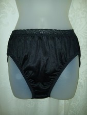 VINTAGE HANES Black Floral Lace High Waist SATIN SILKY HI LEG BRIEF PANTIES L 9