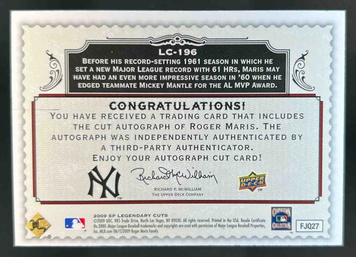 2009 SP Legendary Cuts Roger Maris Cut Signatures Auto #2/12 Yankees - Picture 2 of 2