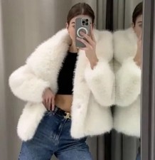 ZARA ZW COLLECTION WHITE FAUX FUR SHORT COAT LARGE LAPEL COLLAR TEDDY BEAR Siz S