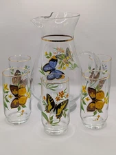Vtg MCM West Virginia Glass Co. Butterflies Pitcher 5 Gold Rim Drink Glasses EUC