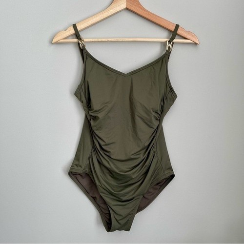 NEW Michael Kors Golden Olive Ruched Sides One Piece Swimsuit Womens 10 NWT $118 - Picture 3 of 3
