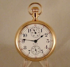 ELGIN B.W.RAYMOND UP/D'N WIND INDIC. 19j 14k GF SWING-OUT OF 18s RR POCKET WATCH