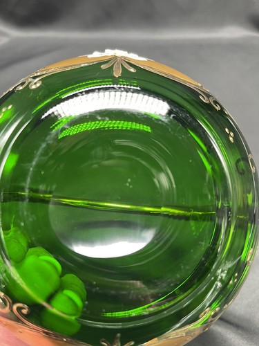VINTAGE CZECH BOHEMIAN EMERALD GLASS BASKET WITH GOLD ENCRUSTED - Picture 12 of 16