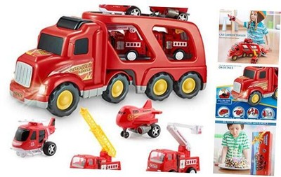 Fire Truck Car Toys Set, Friction Powered Car Carrier Trailer with