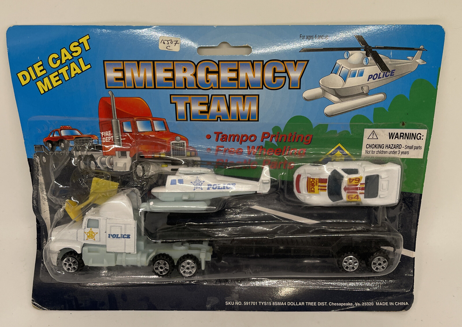 Die Cast Metal Emergency Team Unopened w/Police Helicopter And Trailer