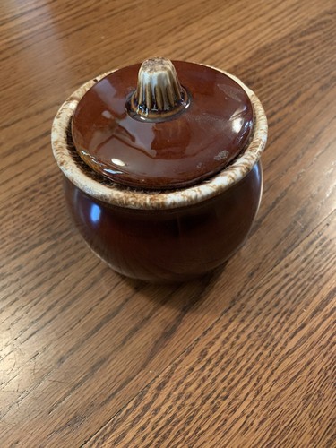 VTG HULL-OVEN PROOF "BROWN DRIP" (4"tall X  4"diameter) SUGAR BOWL WITH LID-USA - Foto 1 di 4