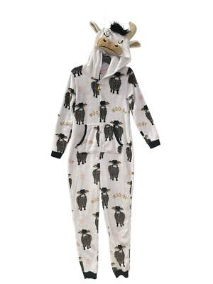 Holiday Time Cow Union Suit Pajama Women's S With Hood White Moo-dy Plush  Fleece