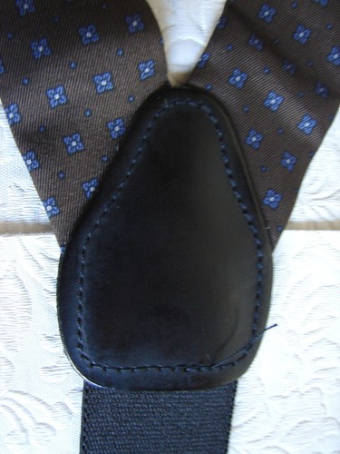 Men's Adjustable Suspenders/Braces, Brown w/Blue, Made in England, Silk/Leather - Picture 5 of 7