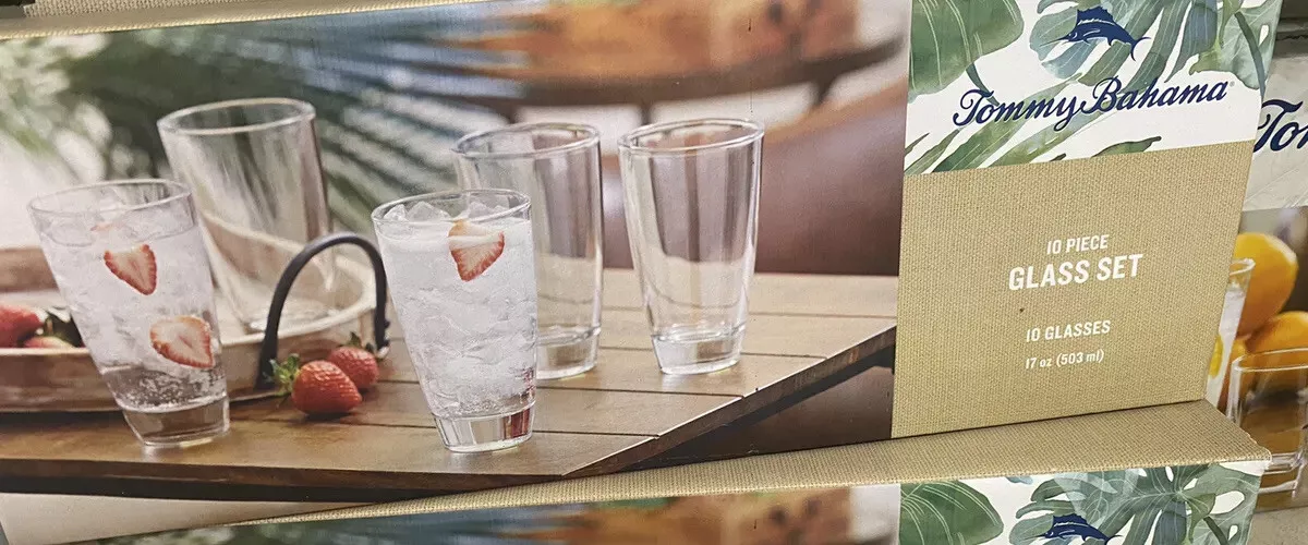 New Tommy Bahama 10 Piece Drinking Glass Set 17 oz (503 ml) Beautiful &  Strong