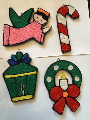 Vintage Handmade Yarn Ornaments Folk Art Set 4 Angel Wreath Lantern Candycane