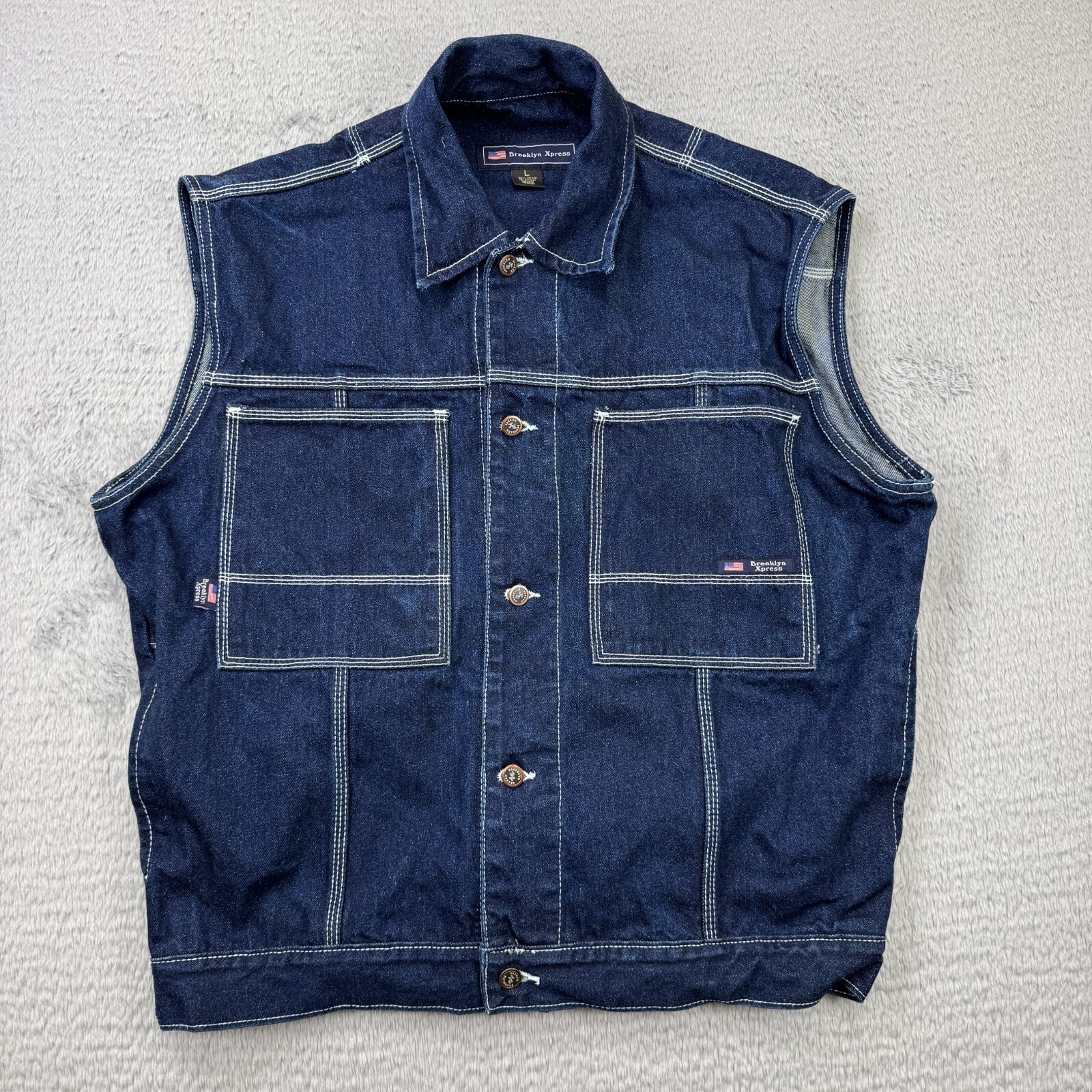 Vintage y2k Brooklyn Xpress denim blue vest button jacket baggy hip hop mens L