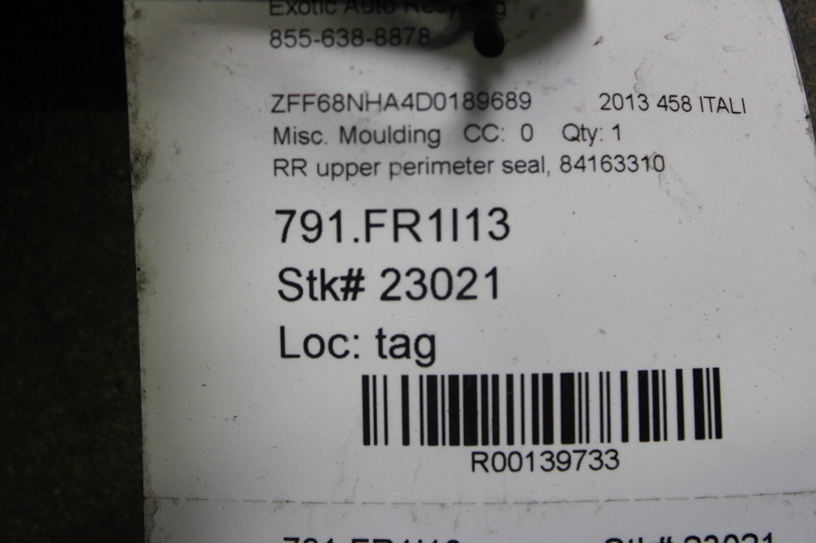 Ferrari 458 Spider, RH Rear, Upper Perimeter Seal Used, P/N 84163310