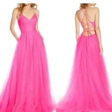 La Femme Neon Pink Strappy Neon Light Tulle Gown Size 4 408