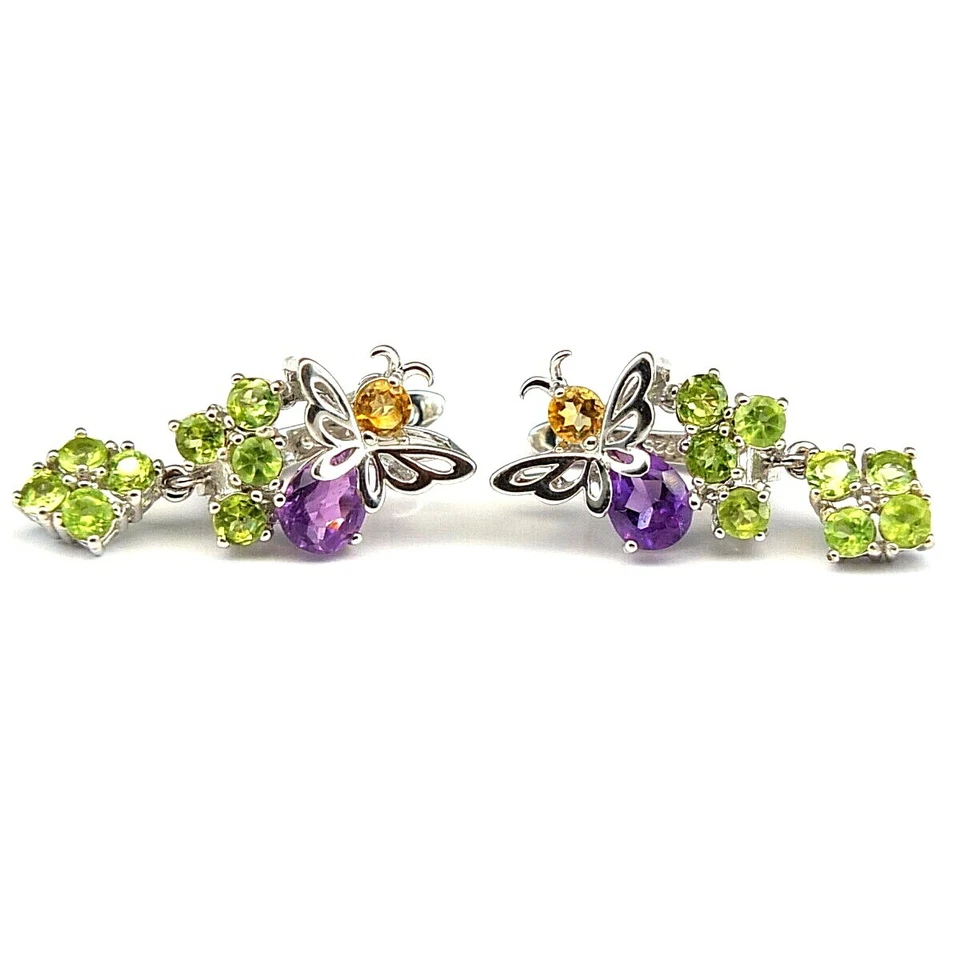 Shola Auténtico Natural Amatista & Peridoto Pendientes 925 Plata de Ley E370 - Imagen 2 de 3