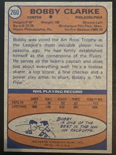 1974-75 Topps Hockey Bobby Clarke 260 - Picture 2 of 2