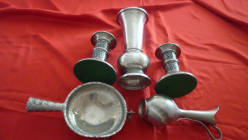 ONE LOT OF FIVE VINTAGE PEWTER-1 BOWL, 1 PITCHER, 1 VASE & 2 CANDLE STICK HOLDER - Picture 1 of 12