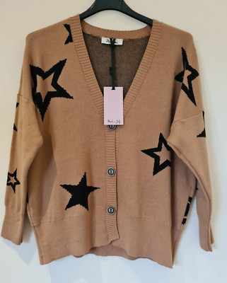 Made In Italy Strickjacke Stern V-Ausschnitt Knopfleiste Langarm Beige One Size UK 8-16