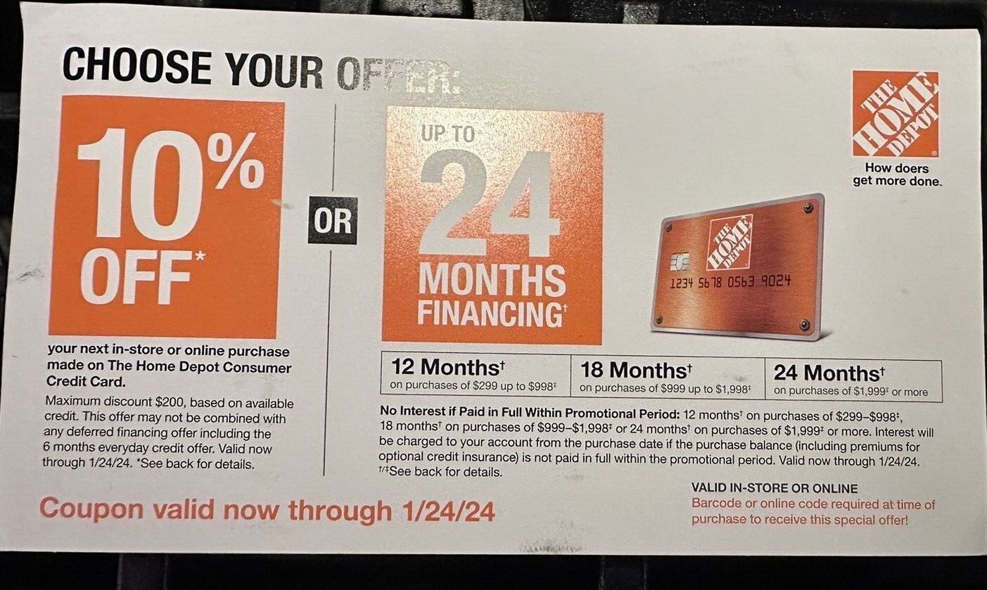 Home Depot Coupon, 10 off or 24 Months no interest, Physical Coupon eBay
