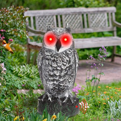 Realistic Owl Decoy w/ Sound & Lighting Eyes Outdoor Garden Repellent Bird Scare - Picture 6 of 14