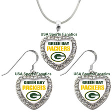 Green Bay Packers 925 Necklace or Earrings or Set Team Heart With Rhinestones