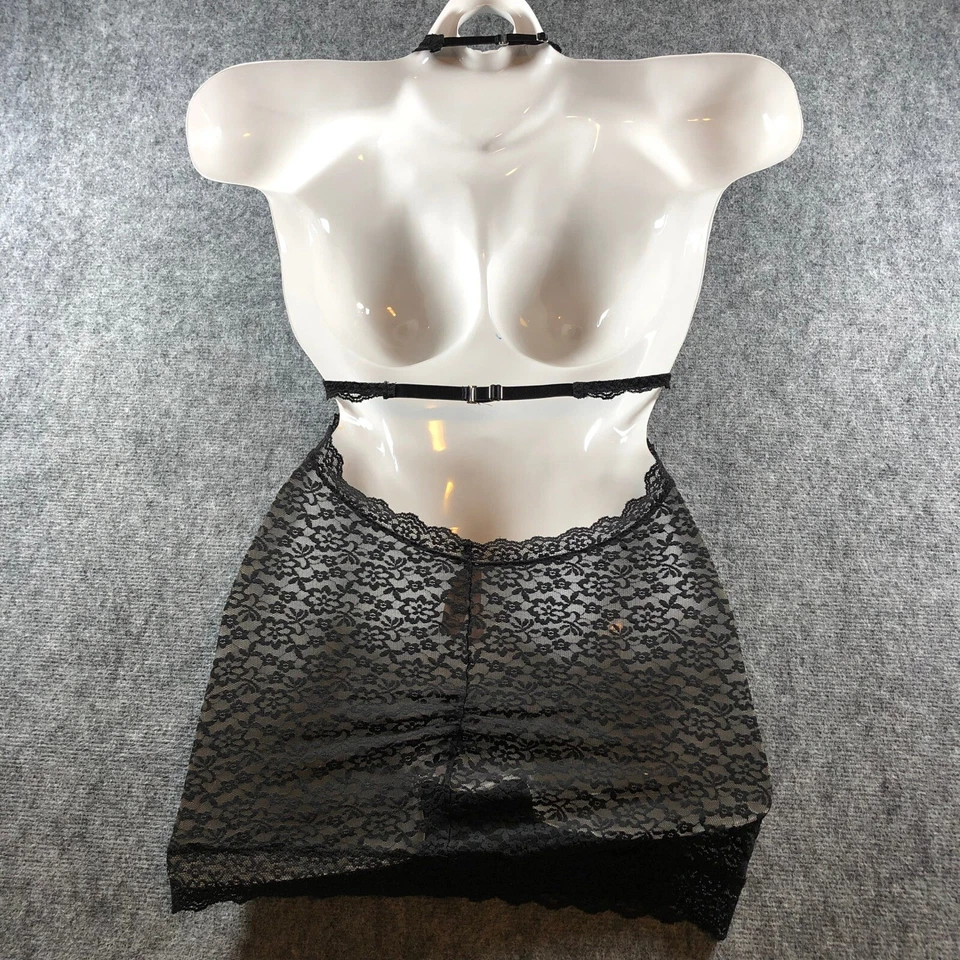 Mini Vestido Lencería Vintage Y2K Victoria's Secret Encaje Halter Negro Floral Pequeño Foto 2 de 4