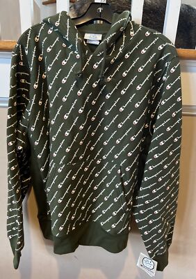 Champion S REVERSE WEAVE FLEECE ALLOVER DIAGONAL SCRIPT SWEATSHIRT Olive #S2974