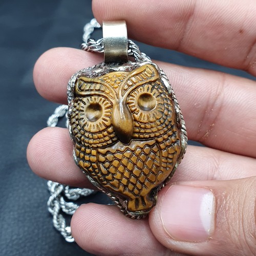Vintage Tiger Eye Carved Owl Shape Brass Pendant With Stainless Steel - Picture 5 of 17