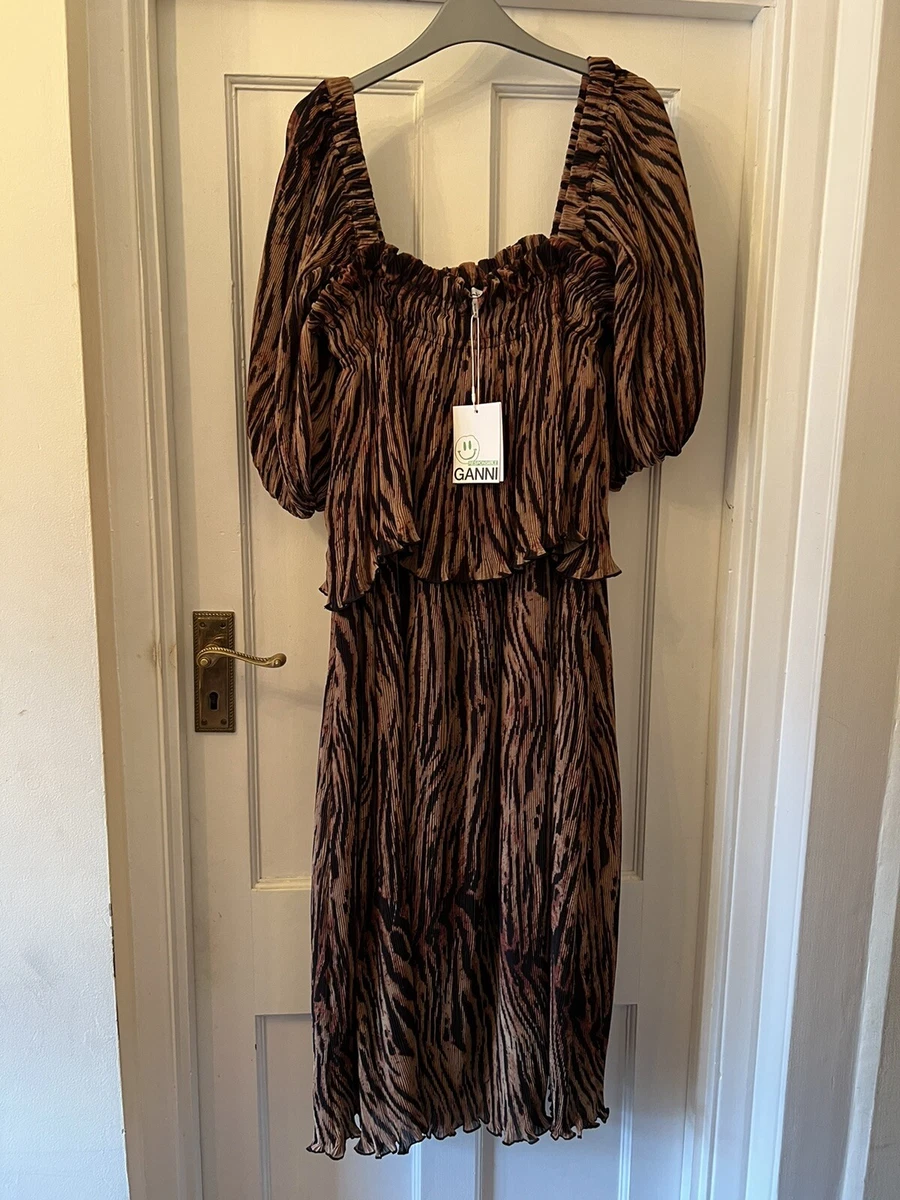 New Ganni Pleated Georgette Tigers Eye Animal Print Layer Midi Dress 40 UK12 14