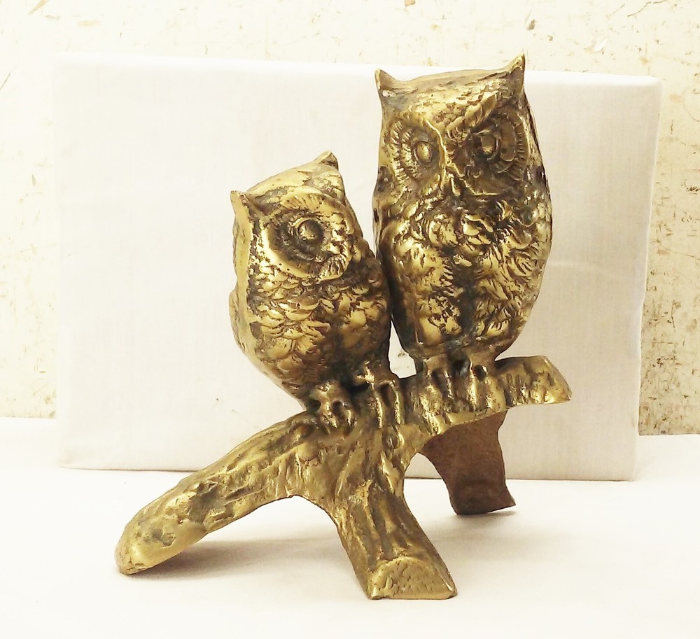 Vintage Brass Owls on Log Metal Statue Figurine Large 8