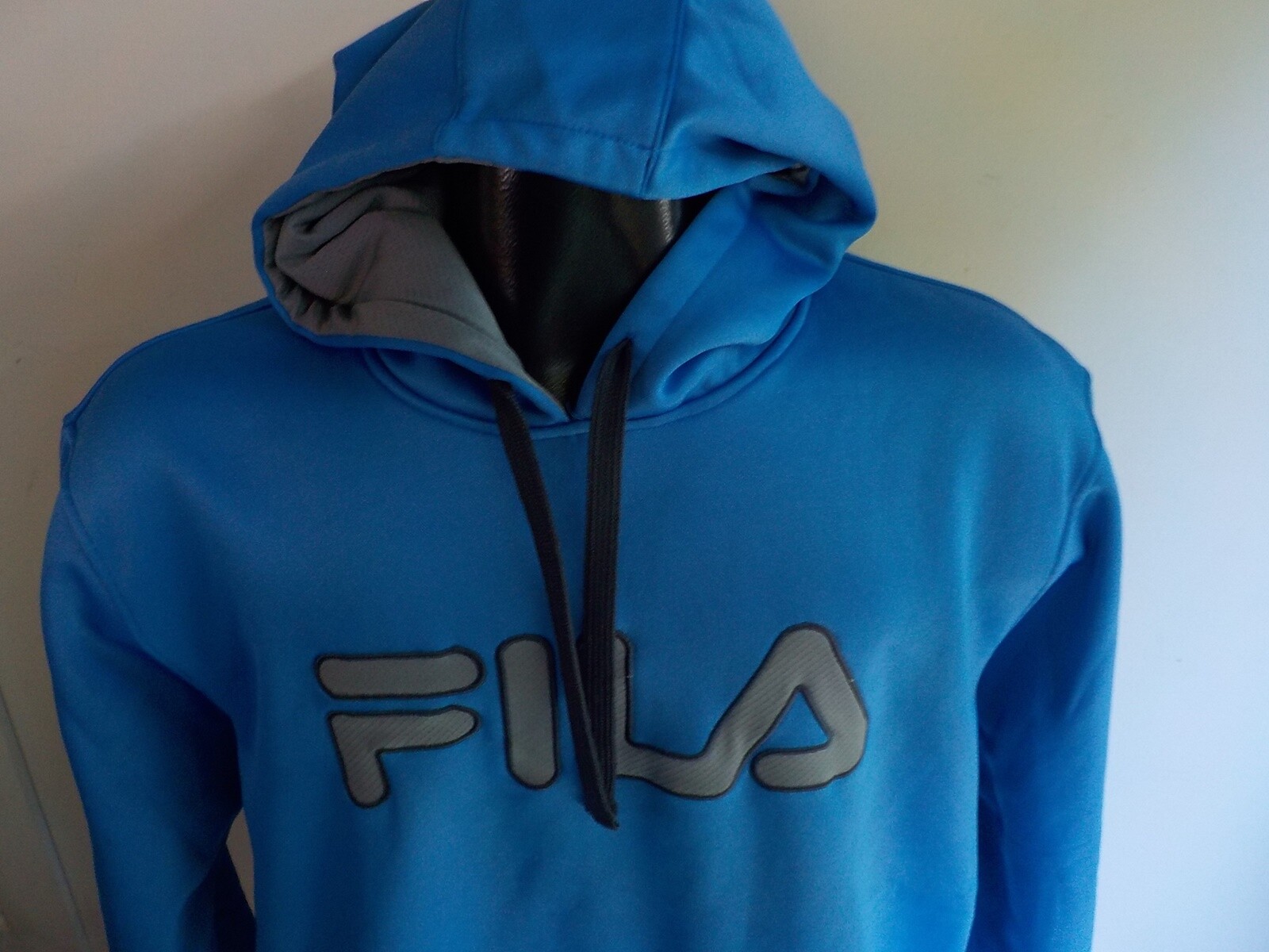 Felpa con cappuccio FILA grande logo tasca canguro blu e grigio poliestere TG LARGE