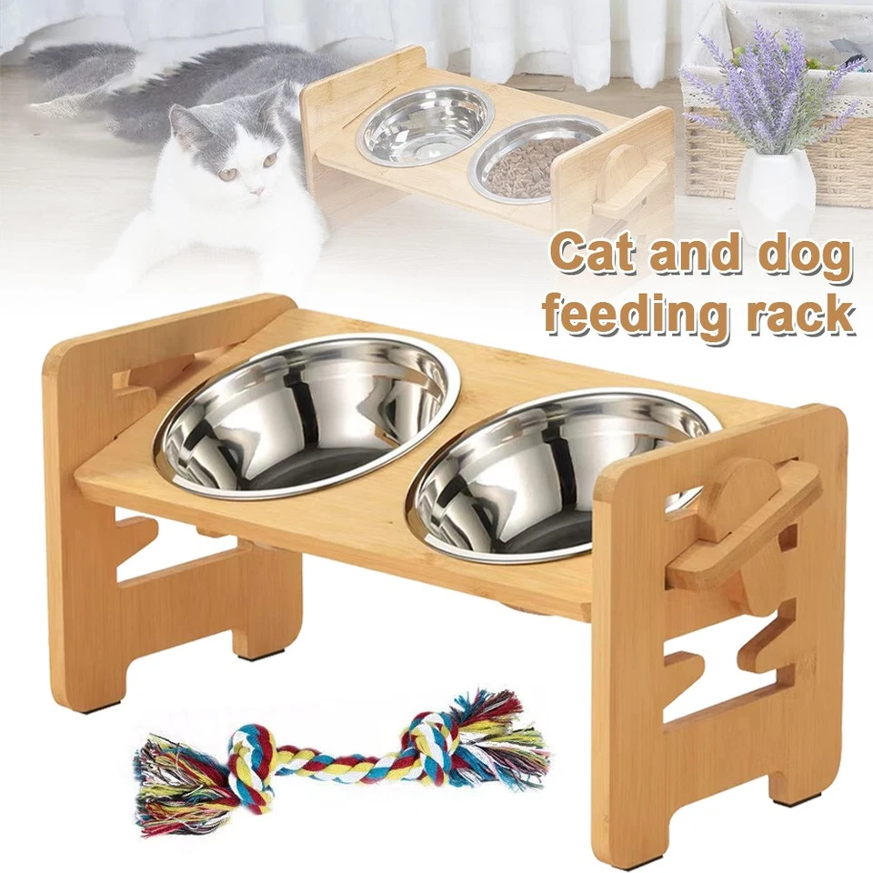 2x Futternapf mit Halterung Futterstation für Katzen Hunde mit Bambus Halter RZ - Bild 3 von 4