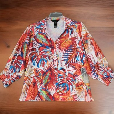 Ali Miles Sz PL Tropical Beach Wearable Art Floral Blouse Shirt Top Artsy Resort