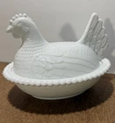 Vtg. Indiana White Milk Glass Chicken Hen on Nest Covered Bowl Candy Dish 7” MCM
