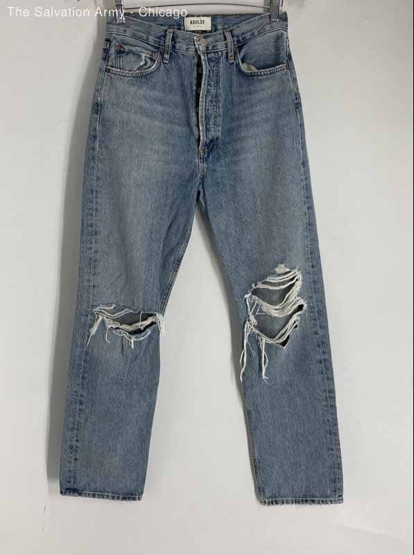 Agolde Womens Blue Medium Wash Pockets Ripped Denim Straight Jeans Size 27
