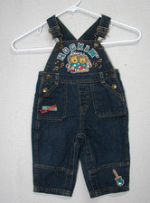 Vtg b.t. Kids Rocking Lions Embroidered Overalls Blue Denim Guitar Music 12 Mos
