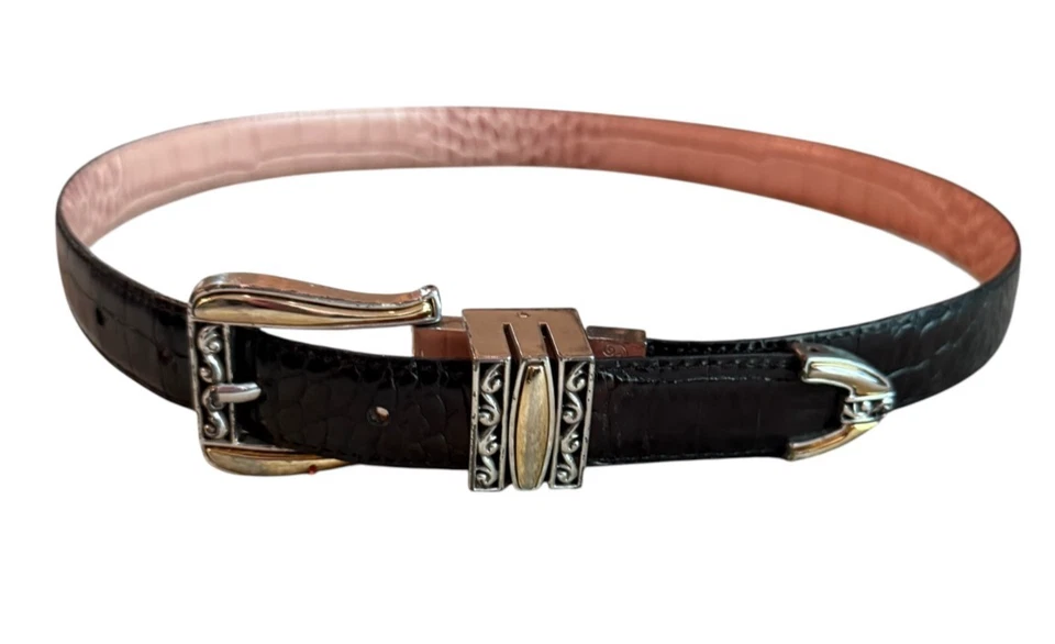 Brighton Women's Belt 35" Reversible Black & Tan/Pink Croc Silver Gold E - Image 2 of 4