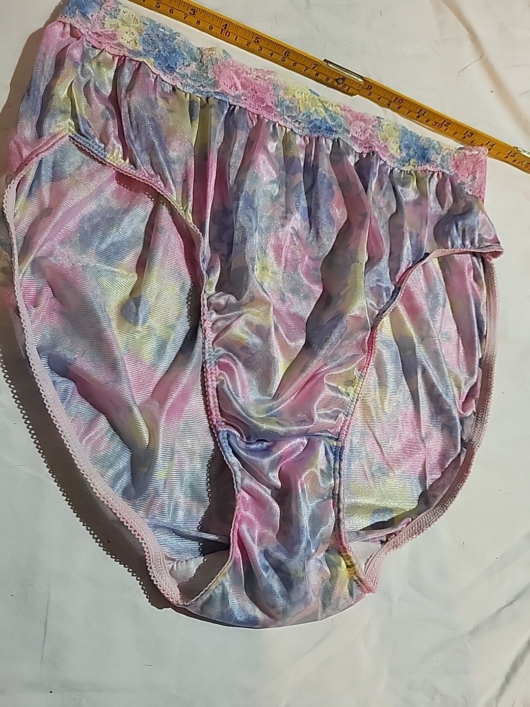 Vtg Sz 10 Bikini Multicolor Acetate Wide Lace Elastic Waist
