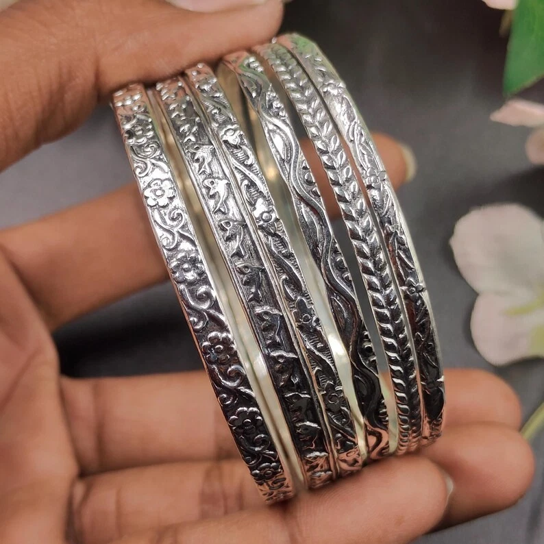 Hammered Set of 6 925 Sterling Silver Bangles for Stacking Lovely Bracelet RR11 - Image 4 of 4