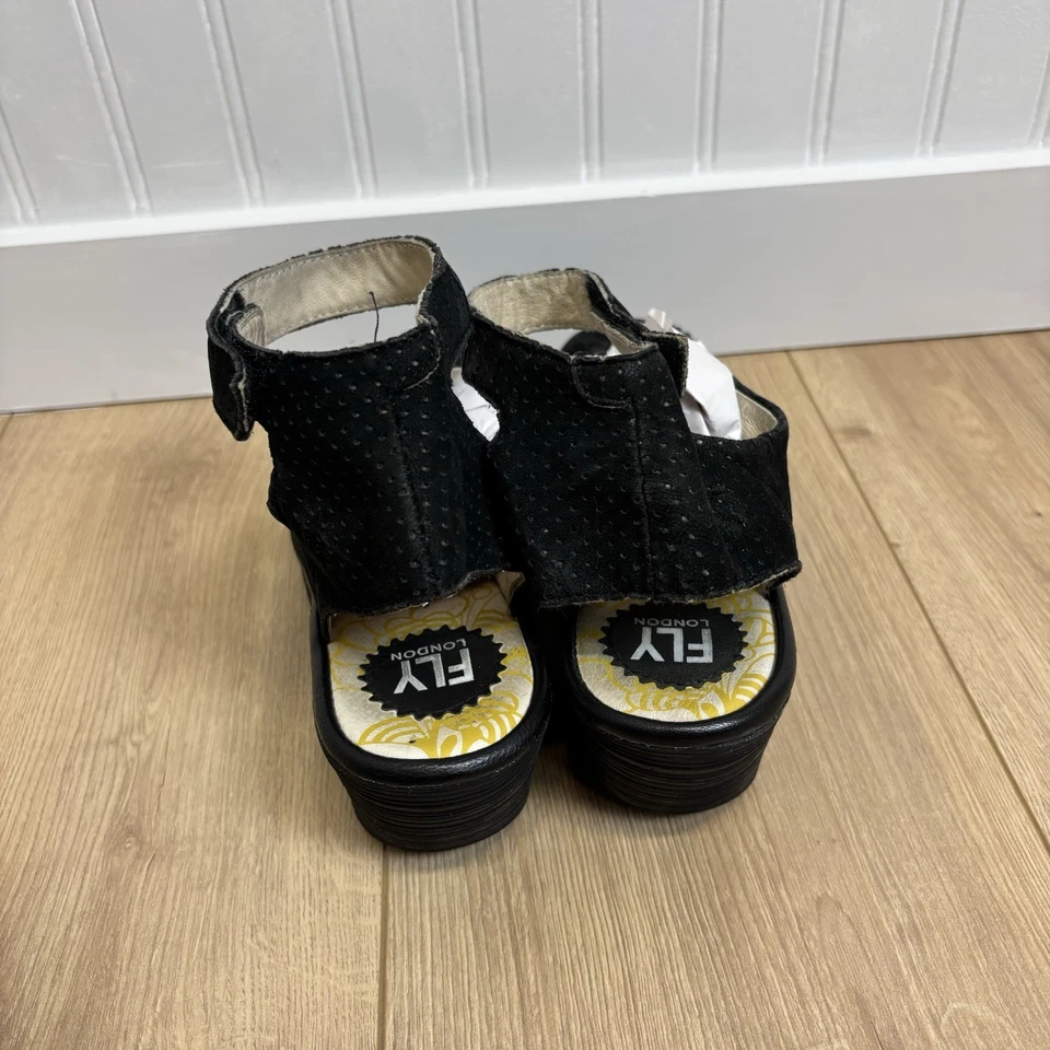 Mujer Fly London Negro Peep Toe Cuñas Talla 9 0332 Foto 4 de 4