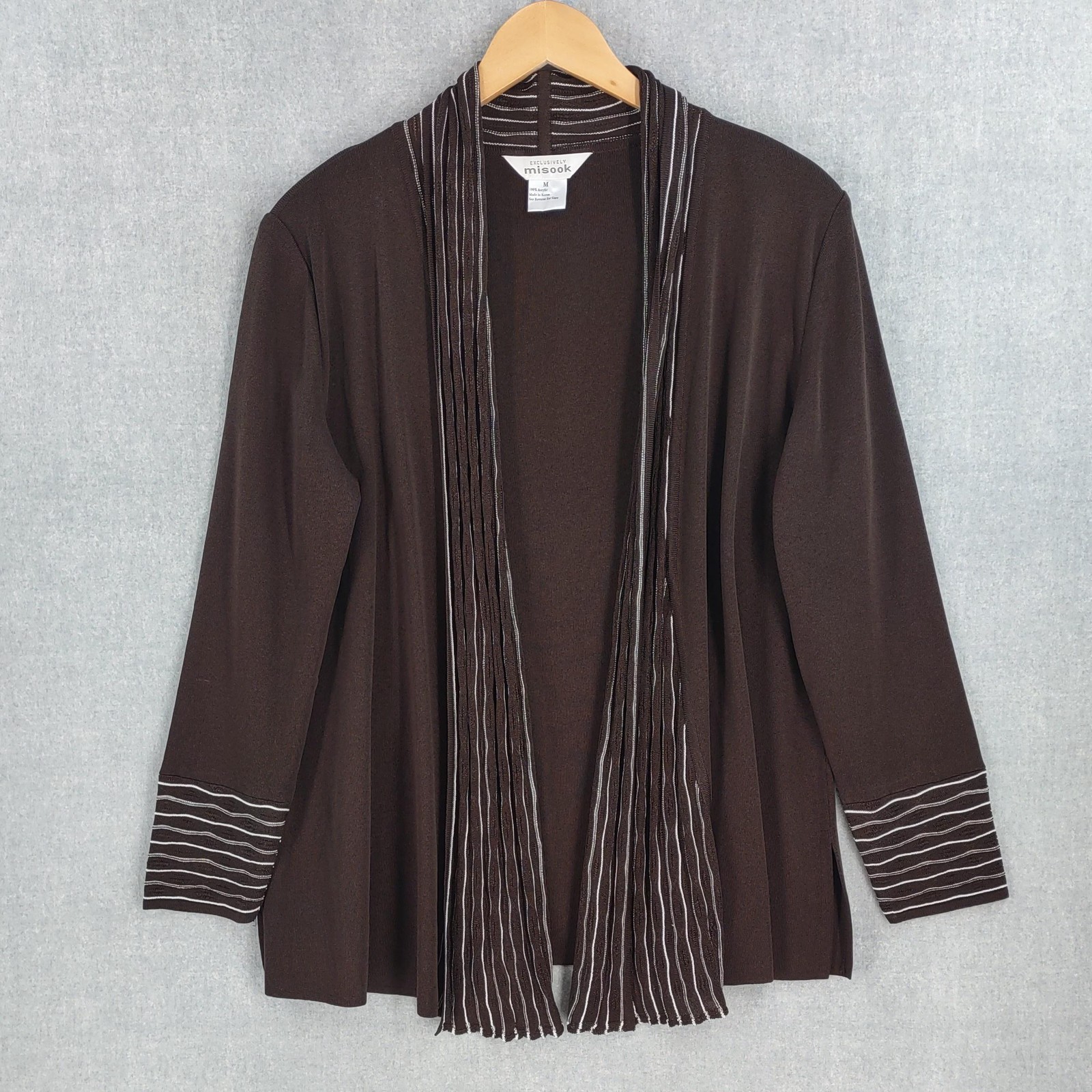 VTG Exclusively Misook Knit Jacket Womens M Open Cardigan Pleated Striped Cuffs