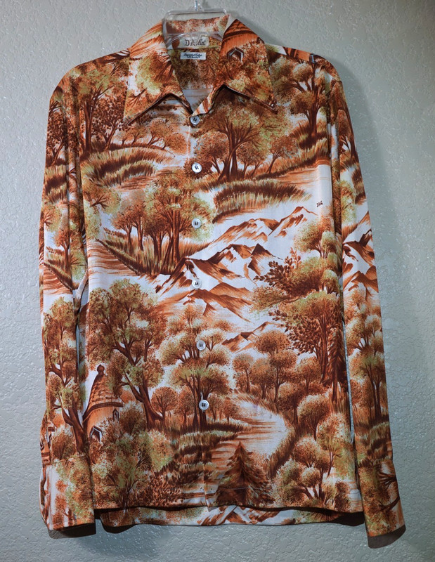 Vtg D'Avila imported fabric Abstract Earth Tone textured print disco era shirt