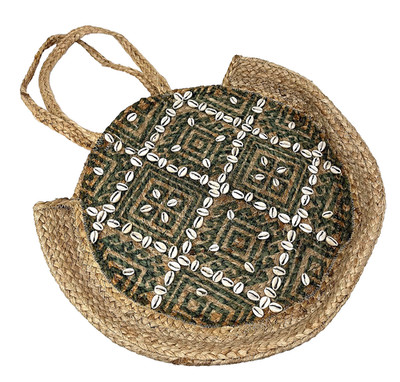 Philia & Agape Round Straw Beach Tote Bag Cowrie Shell Boho 17x15 NWOT