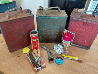 Vintage Automobilia Job Lot. Vintage Fuel Cans. ESSO SHELL DUNLOP CAV PIFCO.