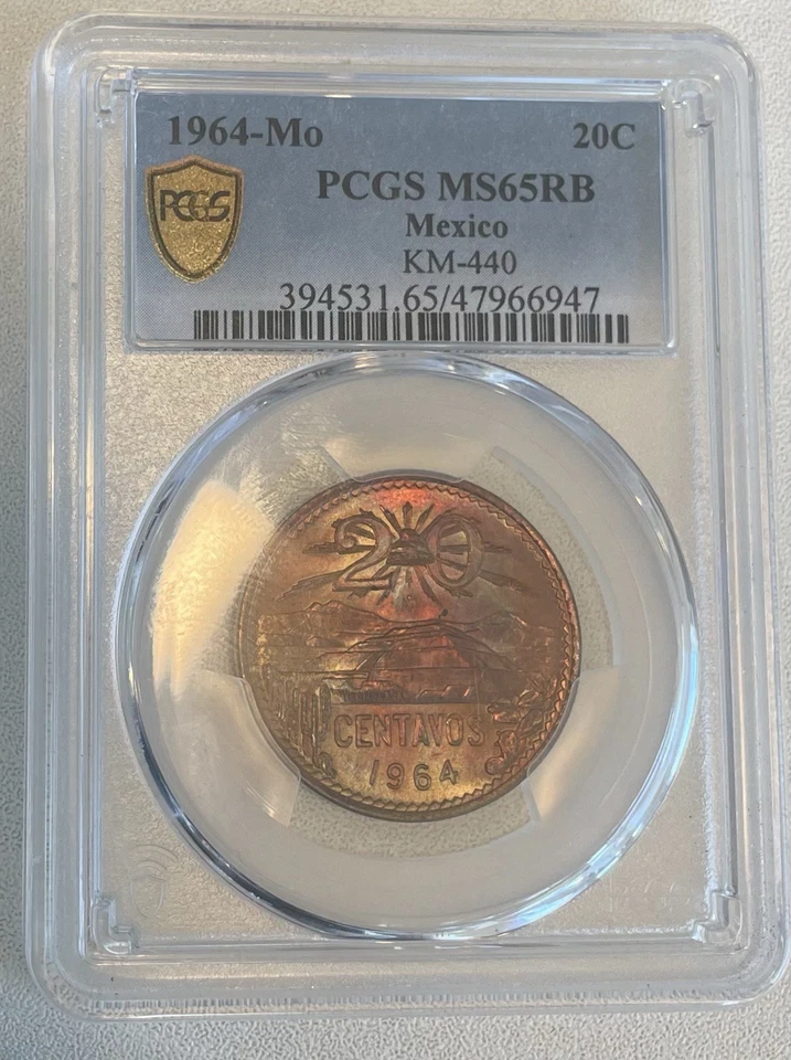 1964-Mo 墨西哥 20 Centavos - PCGS MS65RB - 色调惊人颜色 — 第 3/4 张图片