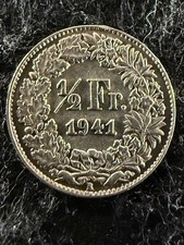 1941 B Switzerland 1/2 Franc GREAT 83.5% SILVER COIN! LOW MINTAGE! KM# 23 (2)