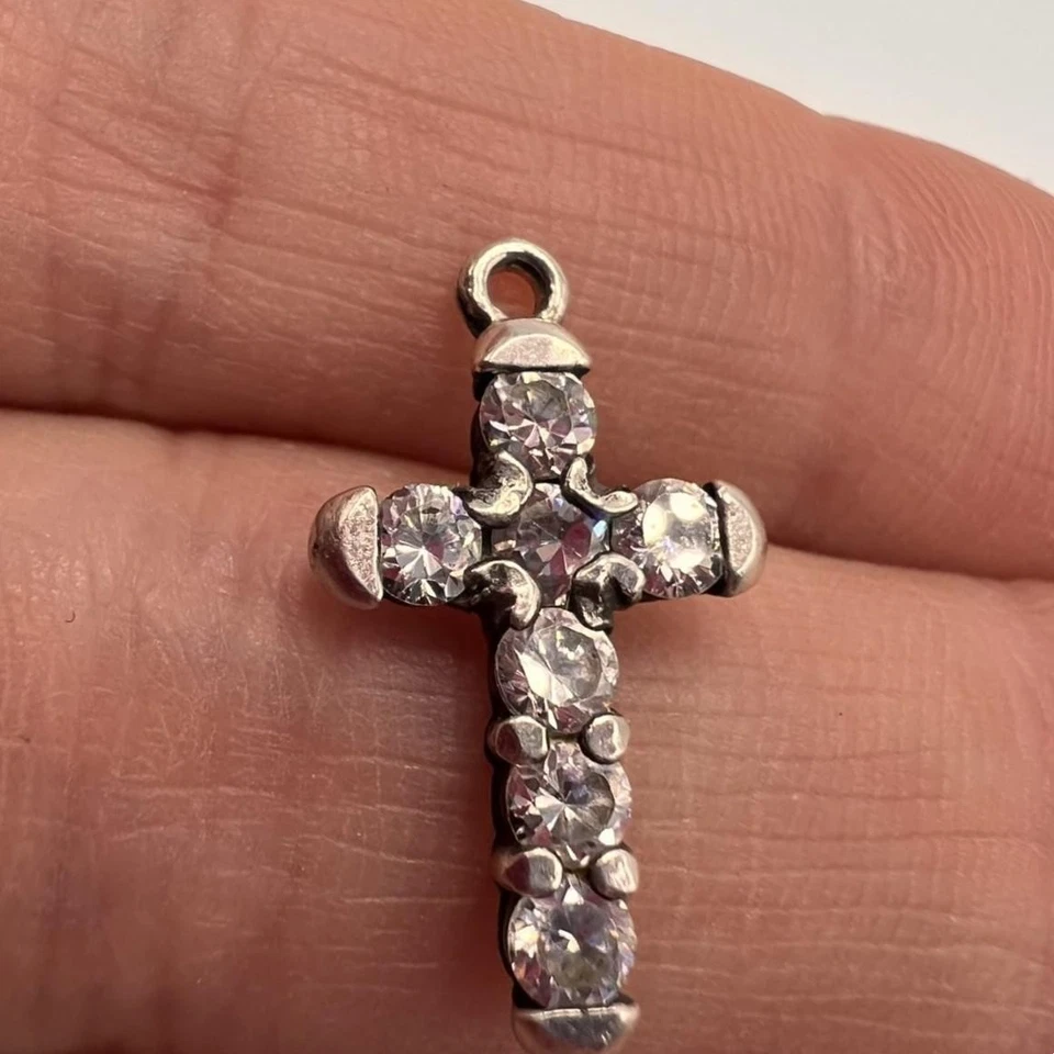 Ciondolo croce argento sterling 925 vintage pietre zirconi 0,8" 1,17 g... - Immagine 4 di 4