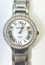 Ellen Tracy Silver Tone Rhinestone Bezel Roman Numeral Ladies Dress Watch 59.3g