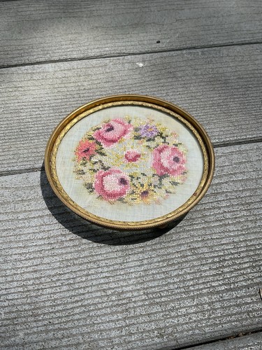 Antique Floral Needlepoint Brass Glass Footed Dish/trinket 5” Round