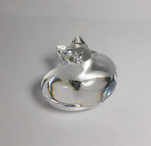 Signed STEUBEN Crystal Art Glass CAT Hand Cooler Curled Up Sleeping Vtg Figurine